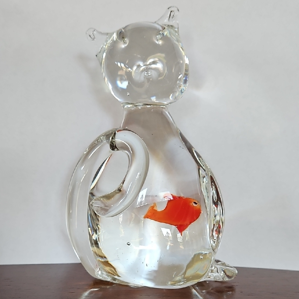 Whimsical Handblown Cat Sculpture Figurine with Orange Fish in Belly